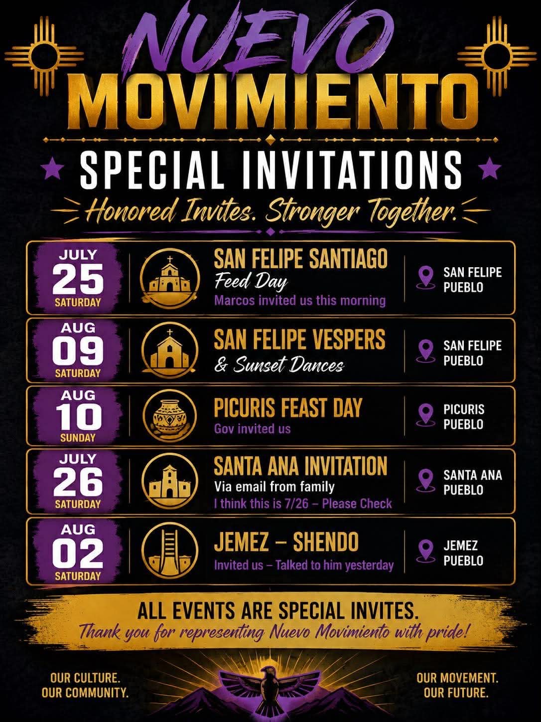 Nuevo Movimiento special invitations flyer for pueblo feast days