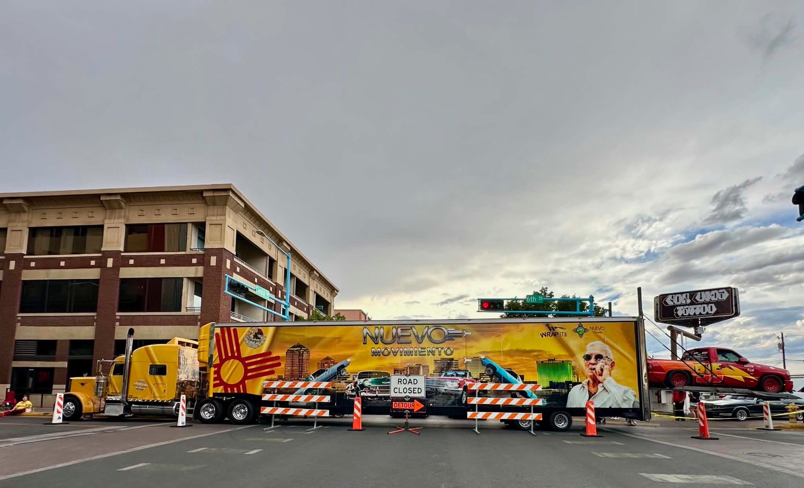 Nuevo Movimiento truck parked at a road closure in downtown Albuquerque